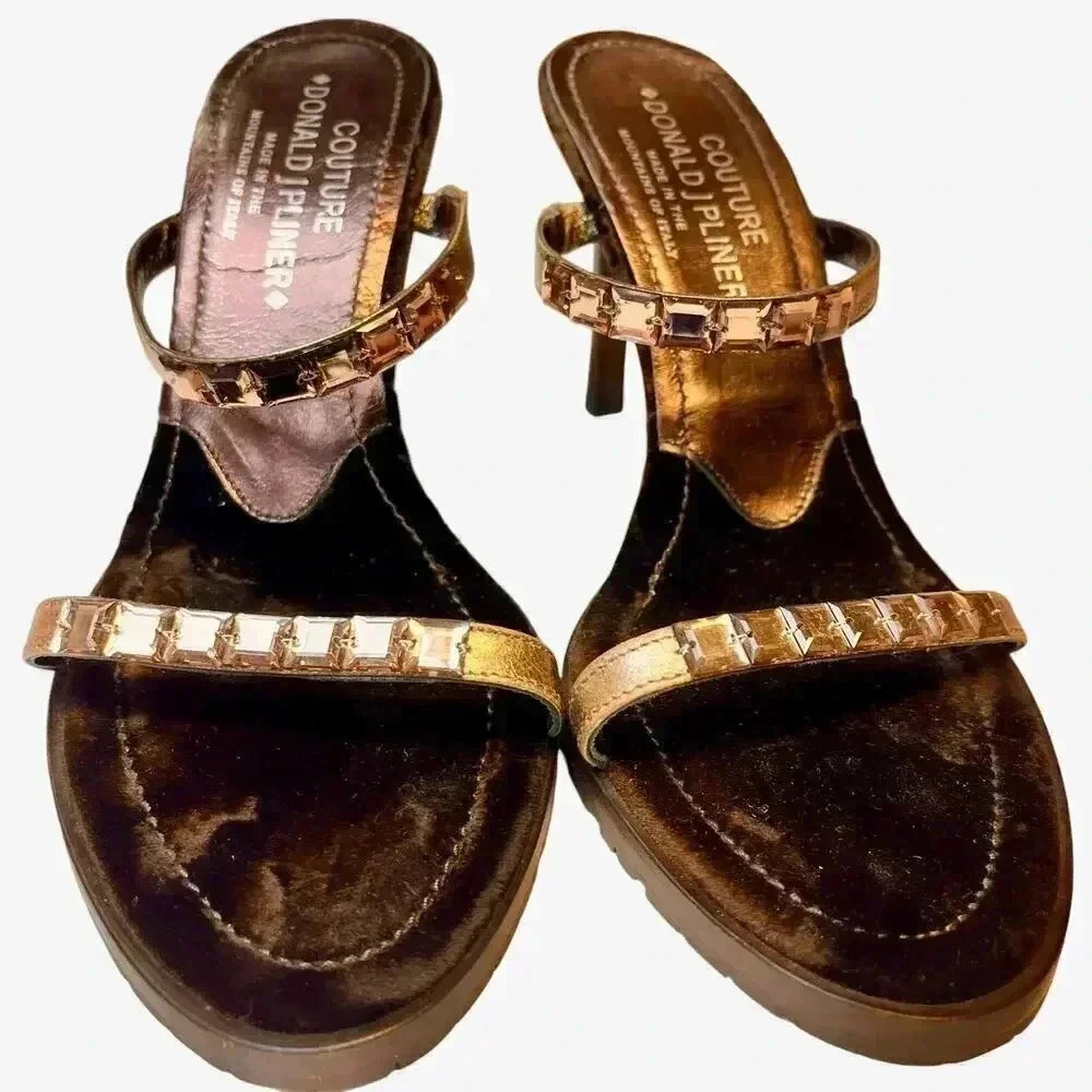 Donald J Pliner Couture Women’s Brown Metallic‎ Rhinestone Strap Chic Heels 8.5